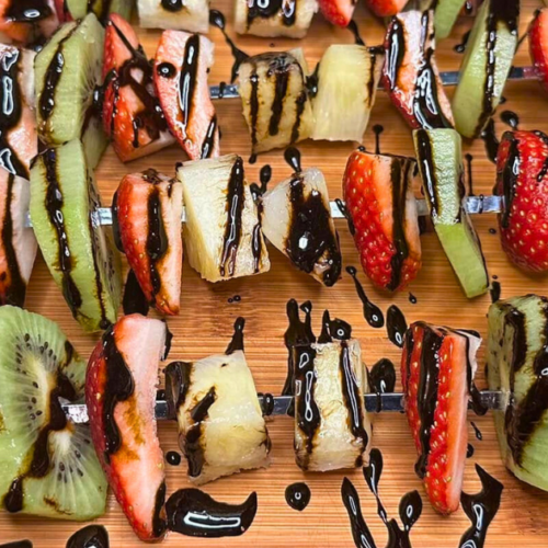 Easy Pineapple, Strawberry, Kiwi Skewers with Balsamic Glaze