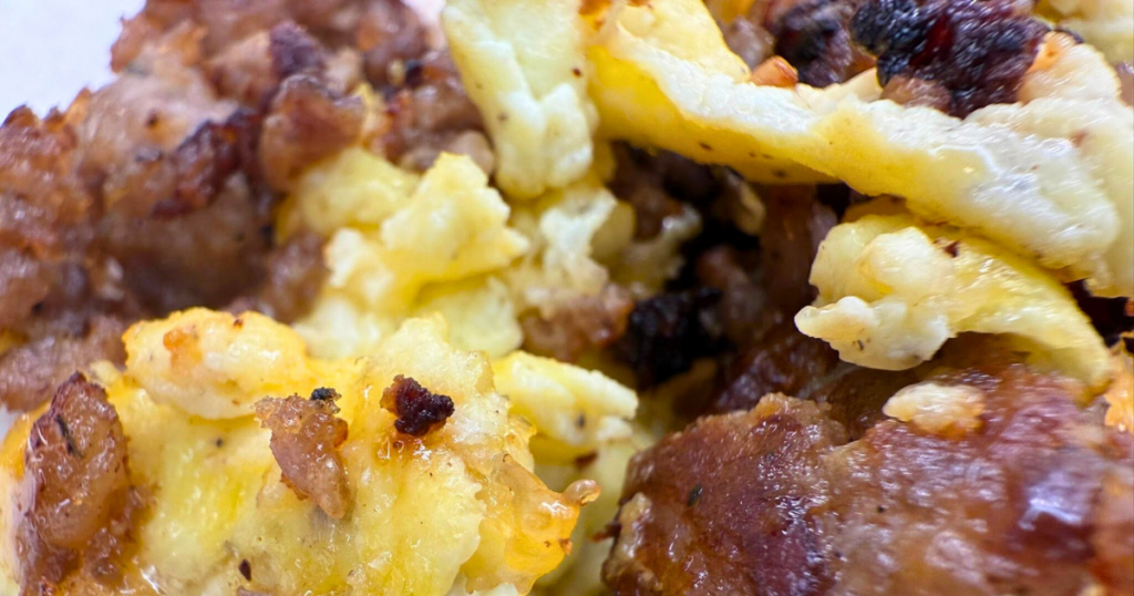 Scrambled eggs and sausage for the Homemade Sausage, Egg, and Cheese Breakfast Burritos.