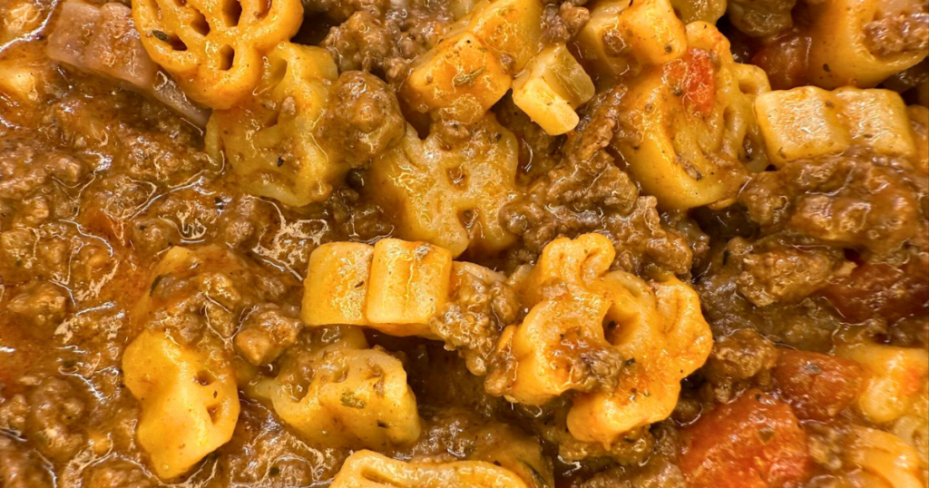 A close-up picture of the Easy One-Pot Halloween Goulash Recipe.