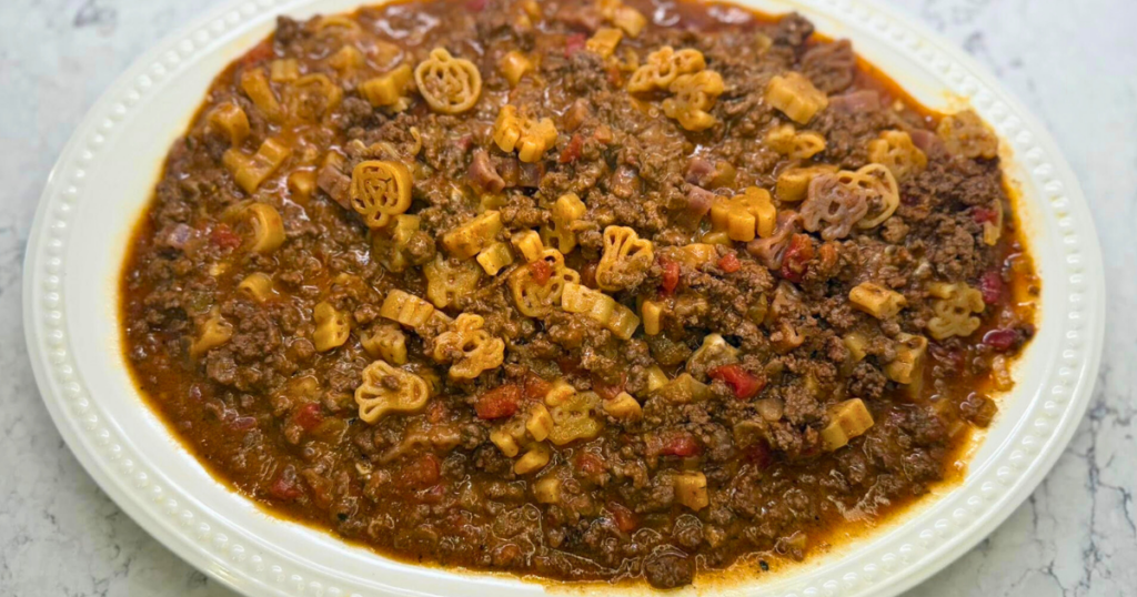 Easy One-Pot Halloween Goulash Recipe served on a large white platter.