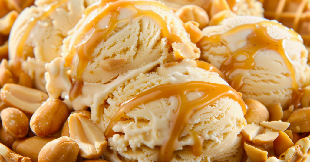 Homemade Apple Cider Salted Caramel Recipe drizzled over ice cream and nuts.